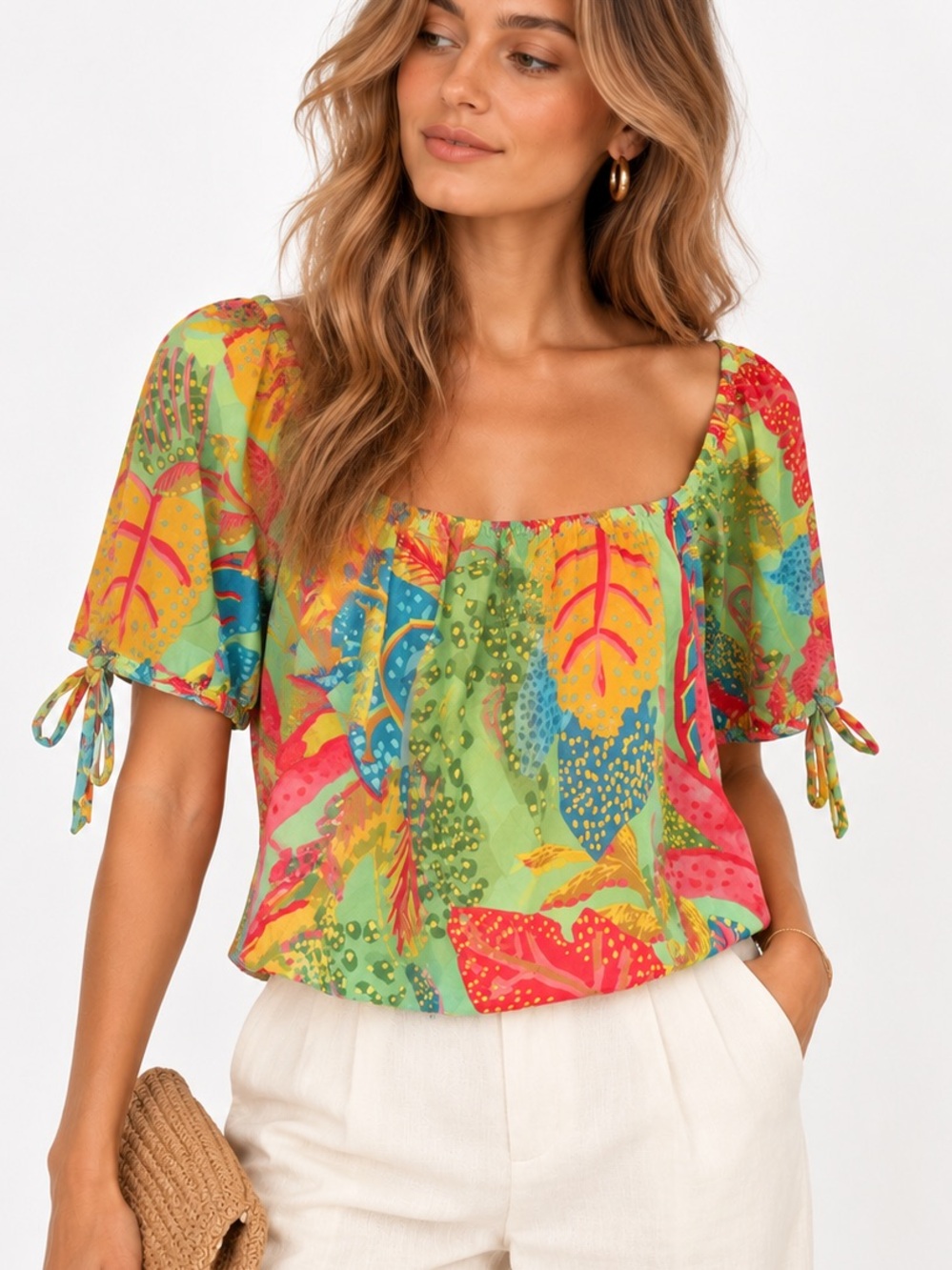 Christian Siriano New York Tropical Floral Puff Sleeve Crop Top M